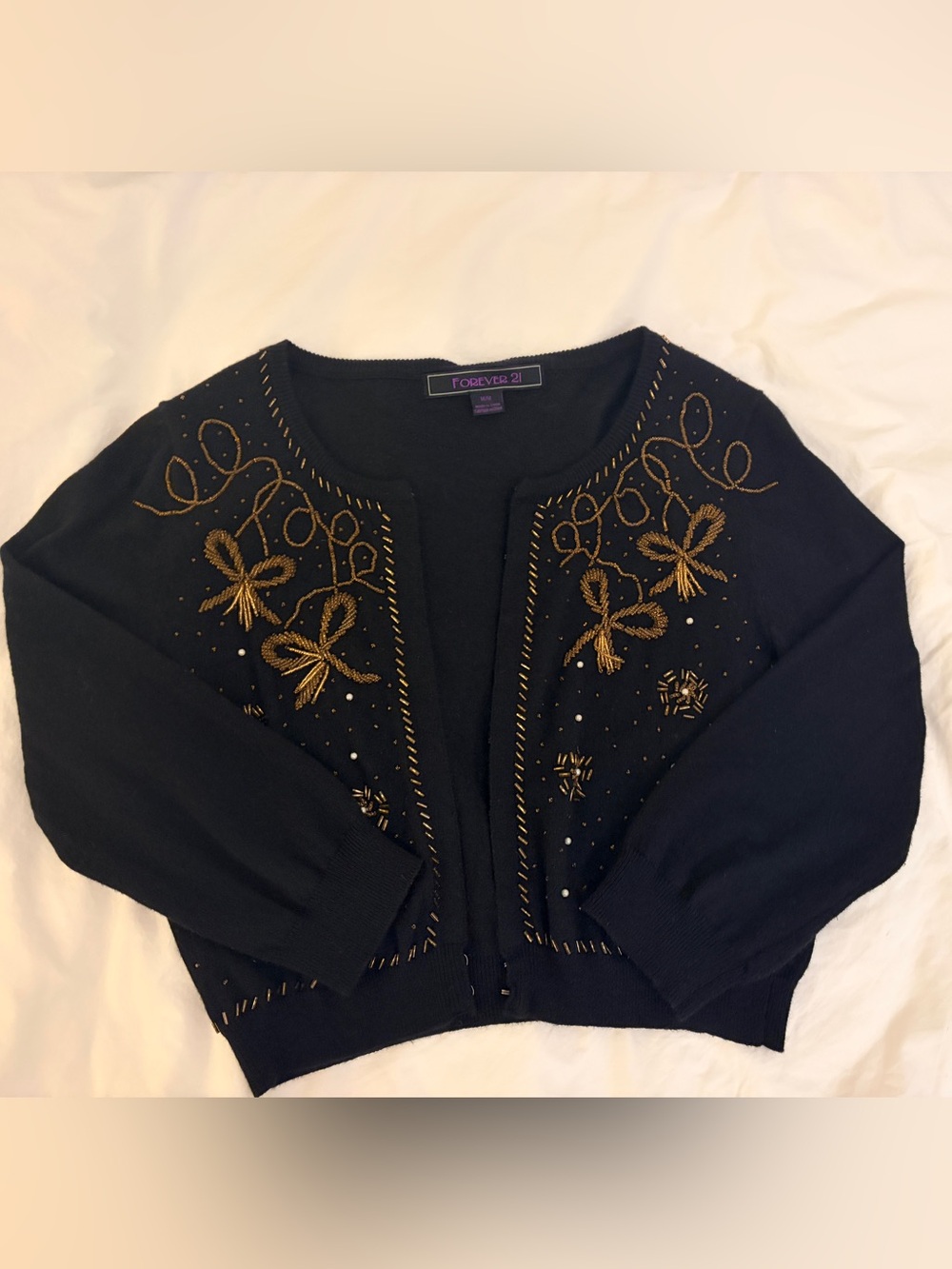Forever 21 Black Cardigan with Gold Bow Embroidery
